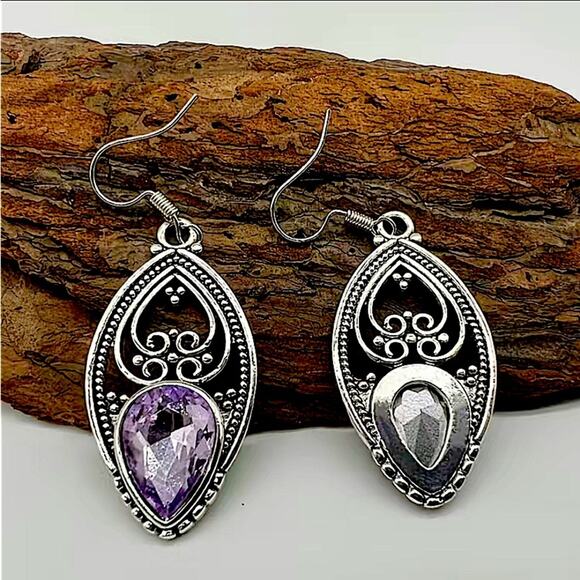 Silver Amethyst Hollow Out Vintage Dangle Boho Earrings - Picture 5 of 5